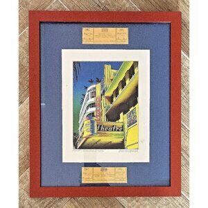 VTG Lincoln Road Theatre Miami Art Framed Red Blue 22" x 18" Florida ART DECO